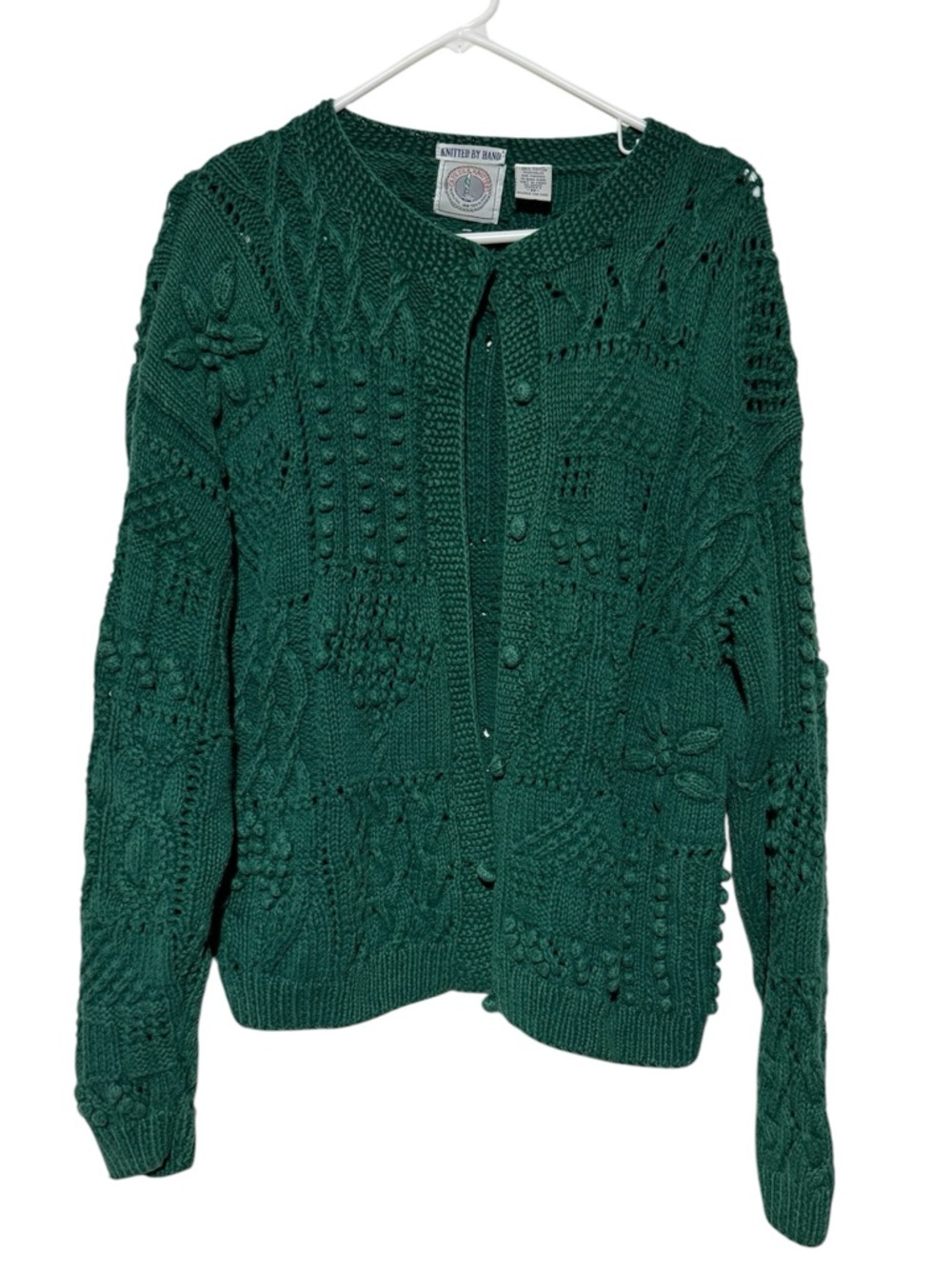 Vintage Chunky Cable Knit Sweater Cardigan Women Medium Green Cottagecore Fall